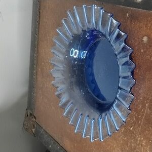 Vintage Blue Ruffled Glass Serving Bowl